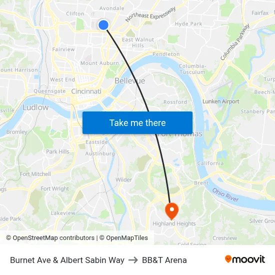 Burnet Ave & Albert Sabin Way to BB&T Arena map