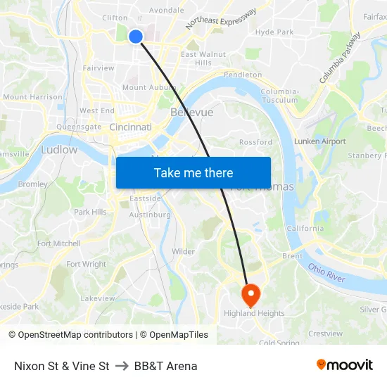 Nixon St & Vine St to BB&T Arena map