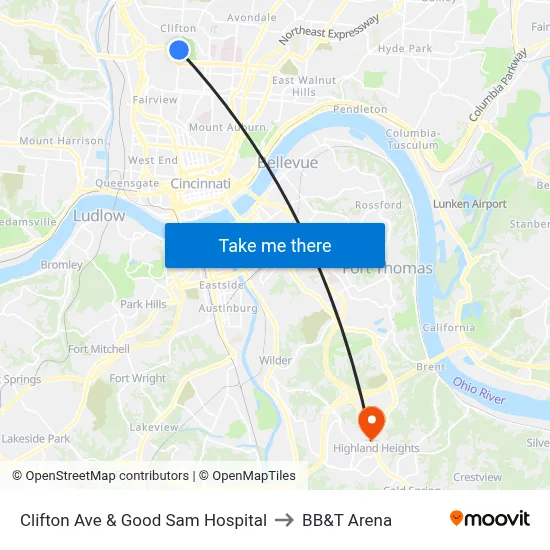 Clifton Ave & Good Sam Hospital to BB&T Arena map