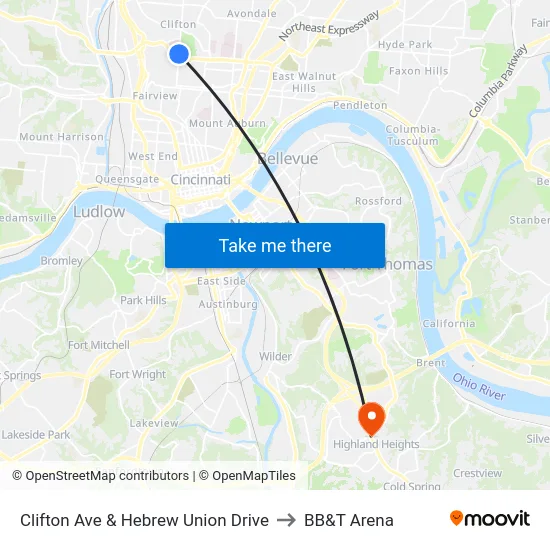 Clifton Ave  & Hebrew Union Drive to BB&T Arena map