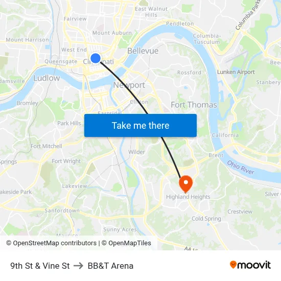 9th St & Vine St to BB&T Arena map