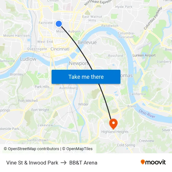 Vine St & Inwood Park to BB&T Arena map