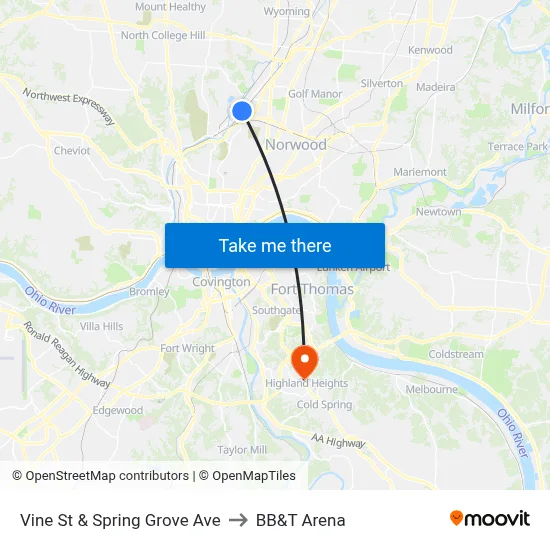 Vine St & Spring Grove Ave to BB&T Arena map