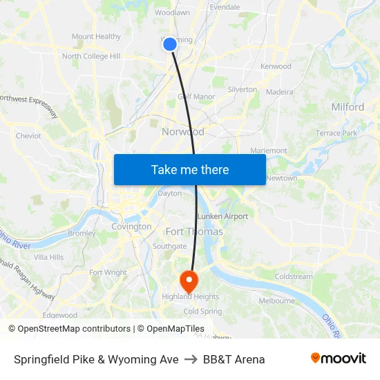 Springfield Pike & Wyoming Ave to BB&T Arena map