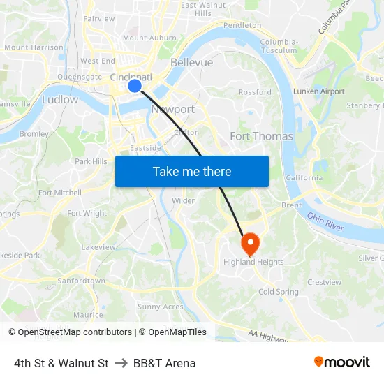 4th St & Walnut St to BB&T Arena map