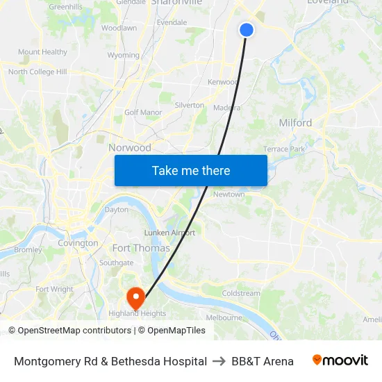 Montgomery Rd & Bethesda Hospital to BB&T Arena map