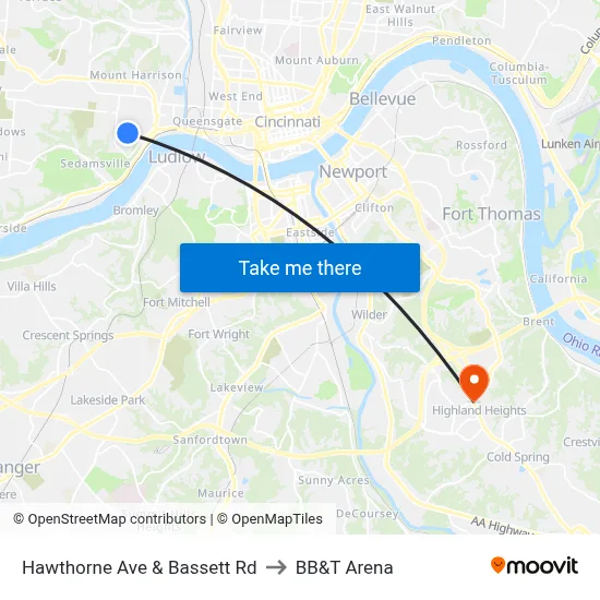 Hawthorne Ave & Bassett Rd to BB&T Arena map