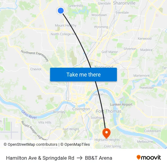 Hamilton Ave & Springdale Rd to BB&T Arena map