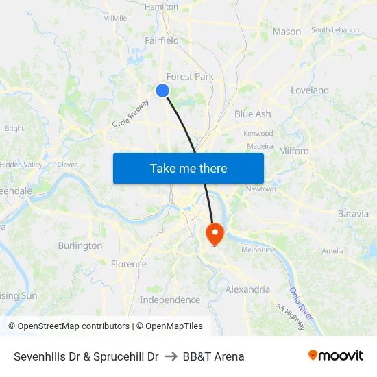 Sevenhills Dr & Sprucehill Dr to BB&T Arena map