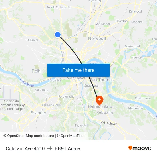 Colerain Ave 4510 to BB&T Arena map