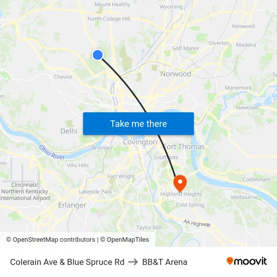 Colerain Ave & Blue Spruce Rd to BB&T Arena map
