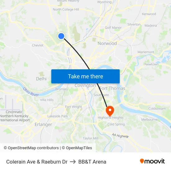 Colerain Ave & Raeburn Dr to BB&T Arena map