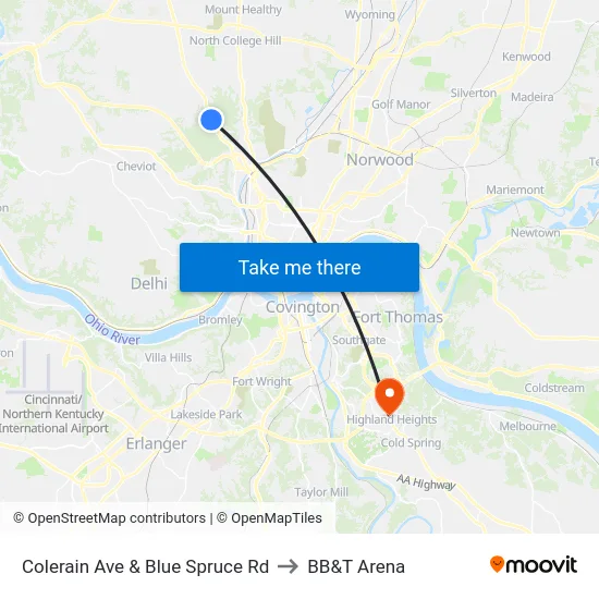 Colerain Ave & Blue Spruce Rd to BB&T Arena map