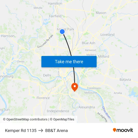 Kemper Rd 1135 to BB&T Arena map