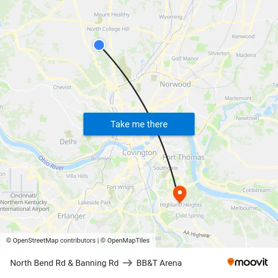 North Bend Rd & Banning Rd to BB&T Arena map