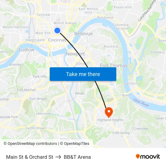 Main St & Orchard St to BB&T Arena map