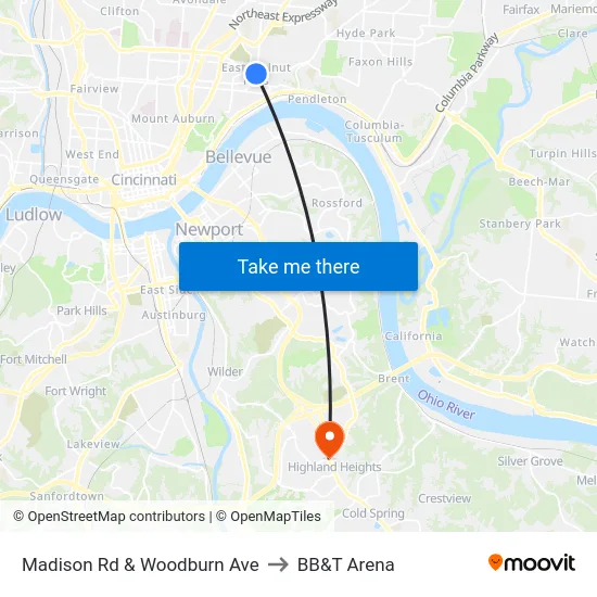Madison Rd & Woodburn Ave to BB&T Arena map