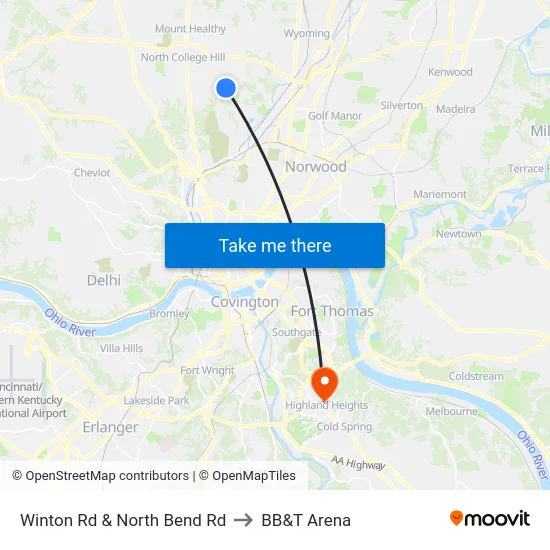 Winton Rd & North Bend Rd to BB&T Arena map