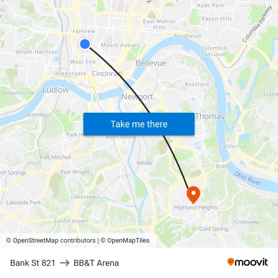 Bank St 821 to BB&T Arena map