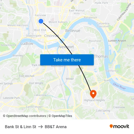Bank St & Linn St to BB&T Arena map
