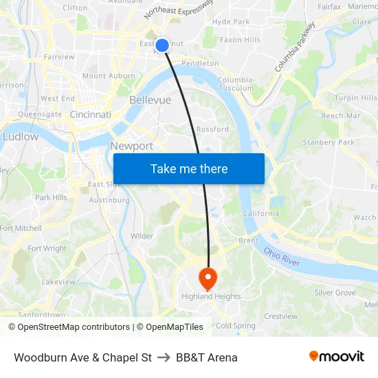 Woodburn Ave & Chapel St to BB&T Arena map