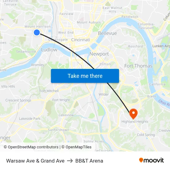 Warsaw Ave & Grand Ave to BB&T Arena map