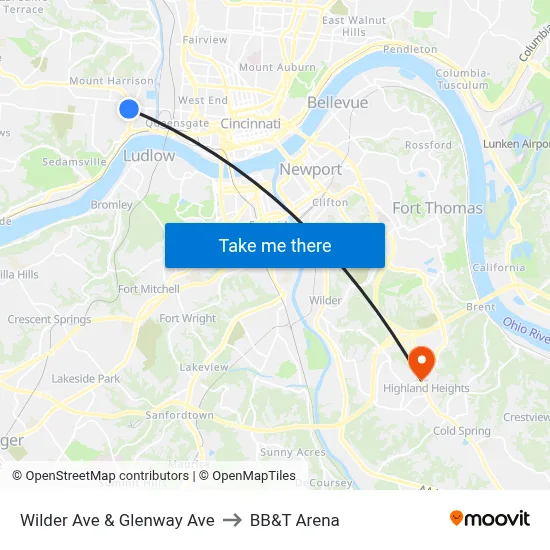 Wilder Ave & Glenway Ave to BB&T Arena map