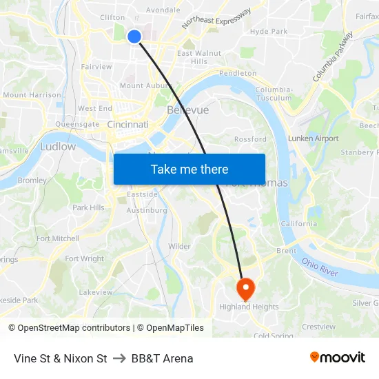 Vine St & Nixon St to BB&T Arena map