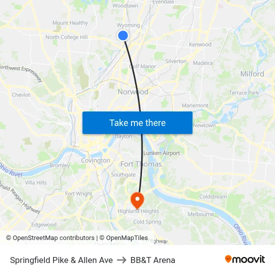 Springfield Pike & Allen Ave to BB&T Arena map