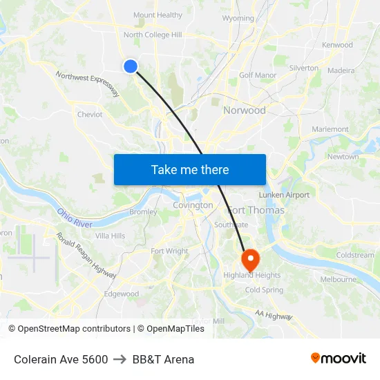 Colerain Ave 5600 to BB&T Arena map