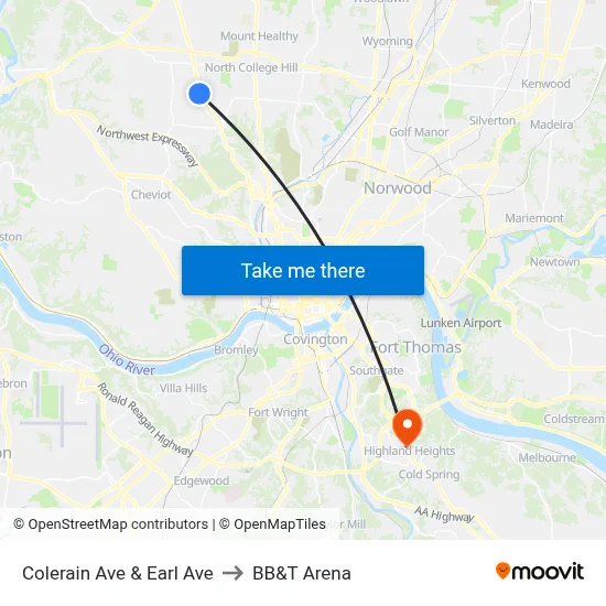 Colerain Ave & Earl Ave to BB&T Arena map