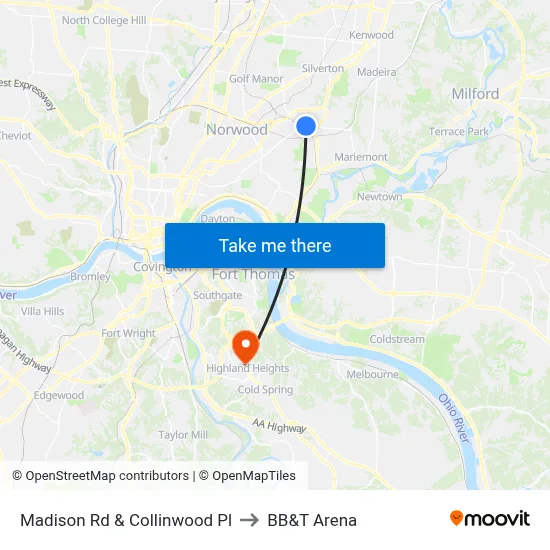 Madison Rd & Collinwood Pl to BB&T Arena map