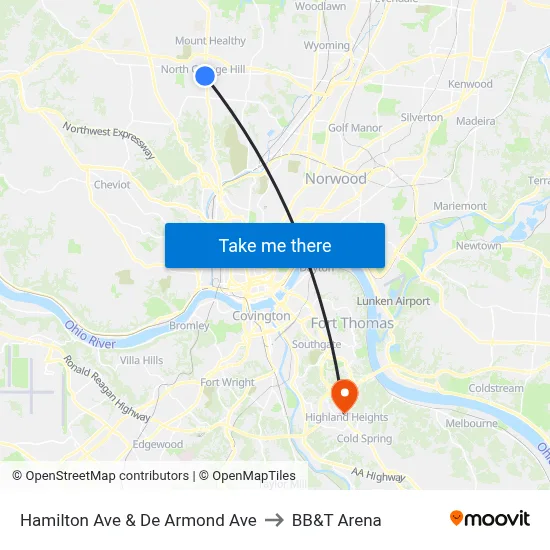Hamilton Ave & De Armond Ave to BB&T Arena map