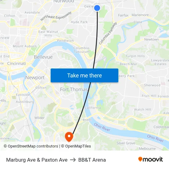 Marburg Ave & Paxton Ave to BB&T Arena map