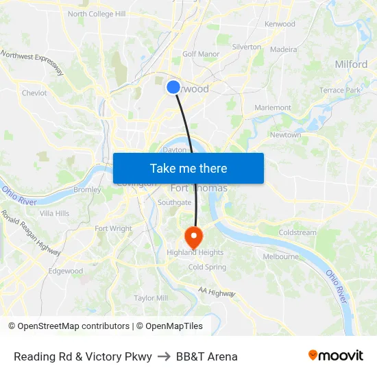 Reading Rd & Victory Pkwy to BB&T Arena map