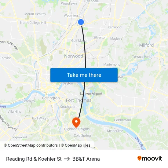 Reading Rd & Koehler St to BB&T Arena map