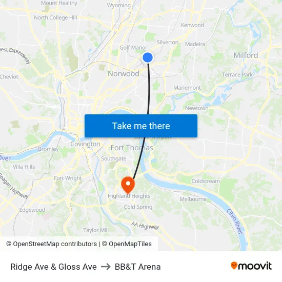 Ridge Ave & Gloss Ave to BB&T Arena map