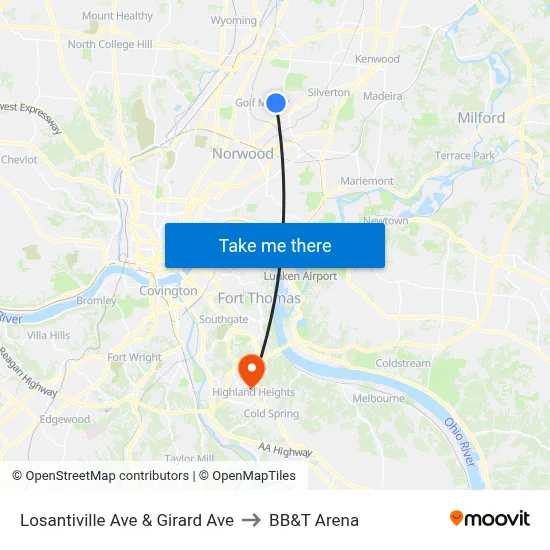 Losantiville Ave & Girard Ave to BB&T Arena map