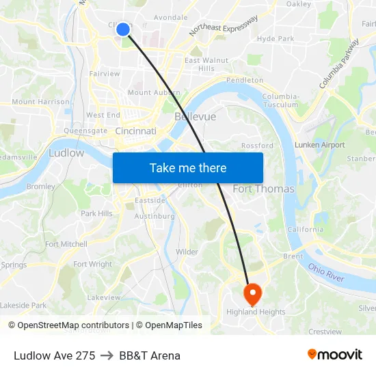 Ludlow Ave 275 to BB&T Arena map