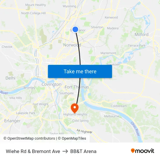 Wiehe Rd & Bremont Ave to BB&T Arena map