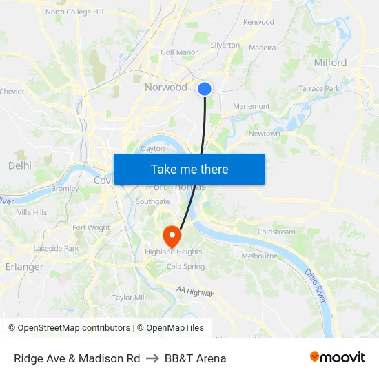 Ridge Ave & Madison Rd to BB&T Arena map