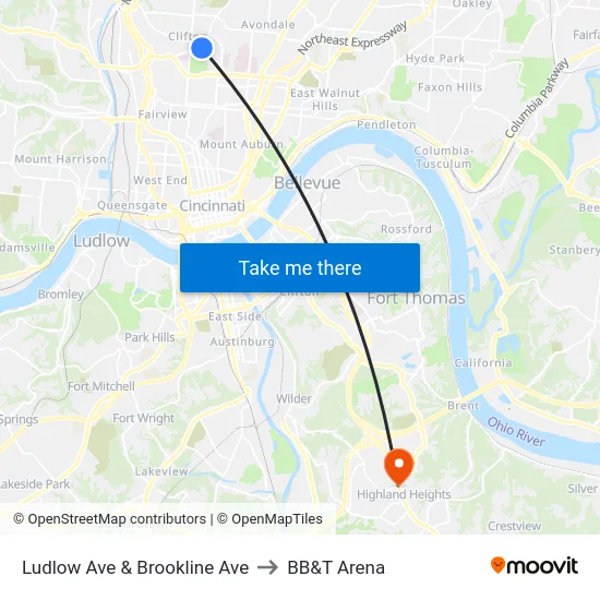 Ludlow Ave & Brookline Ave to BB&T Arena map
