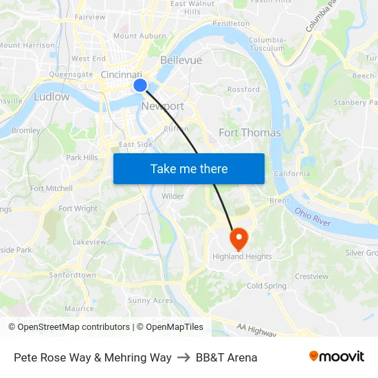 Pete Rose Way & Mehring Way to BB&T Arena map