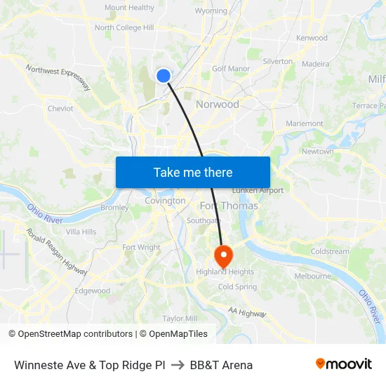 Winneste Ave & Top Ridge Pl to BB&T Arena map
