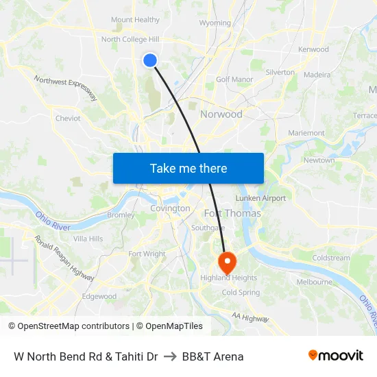 W North Bend Rd & Tahiti Dr to BB&T Arena map