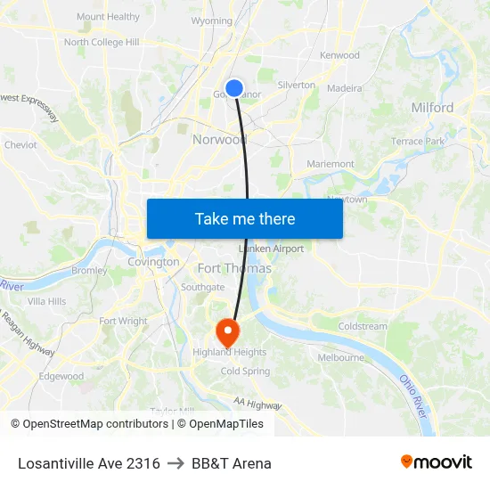 Losantiville Ave 2316 to BB&T Arena map