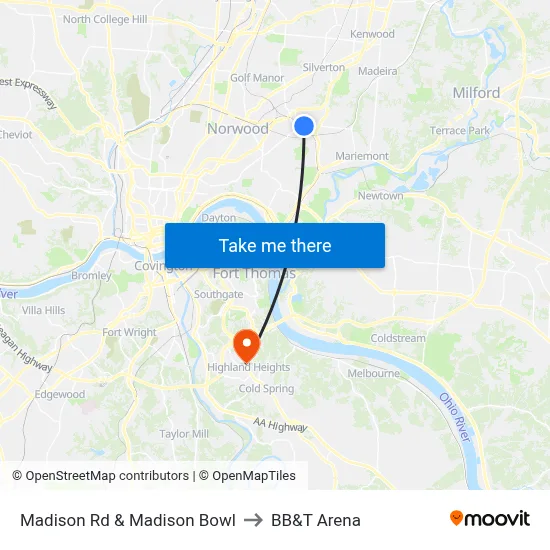 Madison Rd & Madison Bowl to BB&T Arena map
