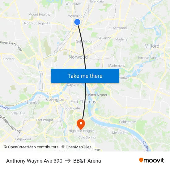 Anthony Wayne Ave 390 to BB&T Arena map
