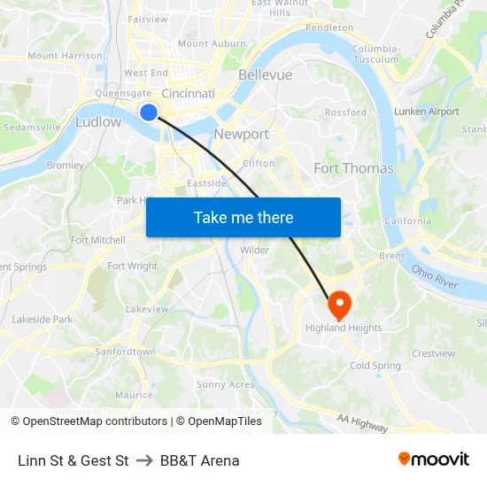 Linn St & Gest St to BB&T Arena map