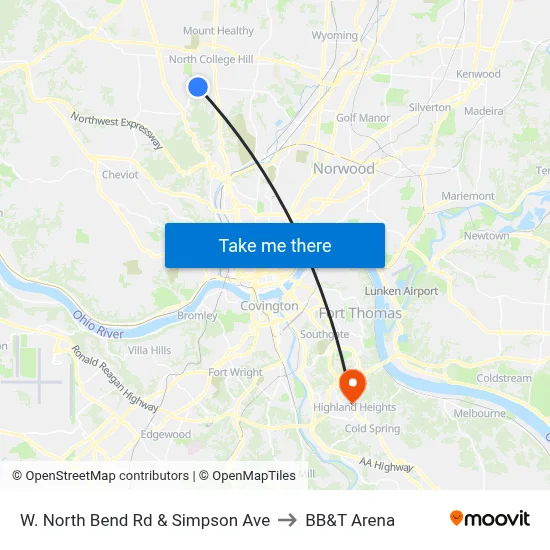 W. North Bend Rd & Simpson Ave to BB&T Arena map